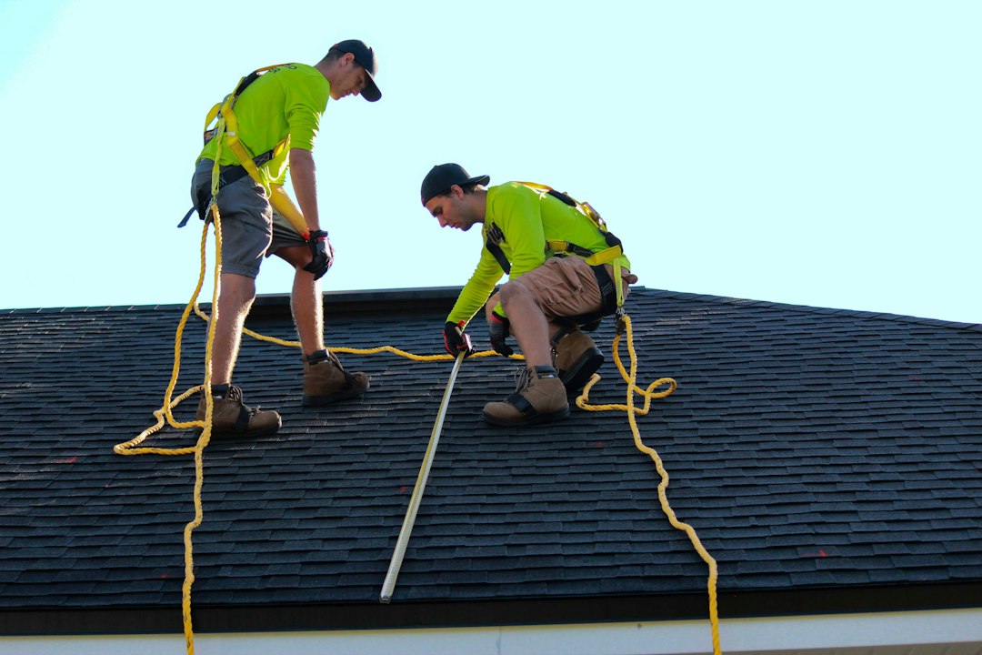Couvreurs équipés contrôlant l’étanchéité d’une toiture